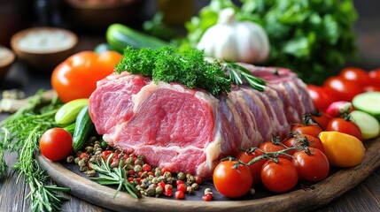Freshly prepared raw meat garnished with herbs and surrounded by vibrant seasonal vegetables on a rustic wooden cutting board.