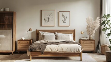 Fototapeta premium Modern minimalistic bedroom interior design with natural elements and elegant decor elements for cozy living atmosphere.