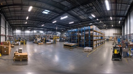 Fototapeta premium Modern industrial warehouse interior with expansive shelving and containers in a panoramic view highlighting an efficient fulfillment center