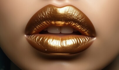 Golden lips with gold art lipstick on isolated background. Female lips cosmetics. Luxury gold make-up. Golden lipstick on lips, female gold mouth. Gold lips. Golden cosmetics.
