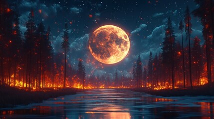 Fiery forest fire at night with a large, orange moon reflected in a calm river.