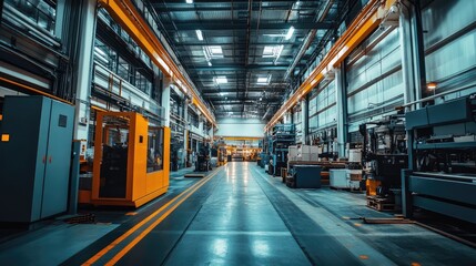 Fototapeta premium Sleek industrial factory interior showcasing spacious layout and modern machinery under moody lighting ambiance
