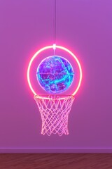 Neon Basketball Hoop with Glowing Globe in Vibrant Atmosphere