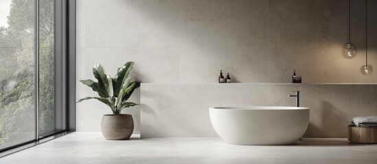 Fototapeta premium Contemporary bathroom featuring a sleek white bathtub with large windows and minimalist decor for a serene and stylish ambiance