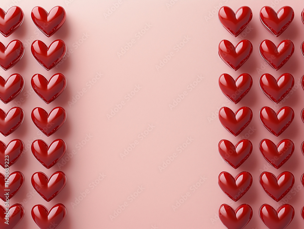 Poster rows of red hearts in varying sizes, connected by sleek, arrow-like lines, positioned on both sides 