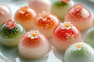 Obraz premium Delicate Japanese mochi desserts adorned with edible flowers and gold flakes, showcasing artistry and pastel colors.