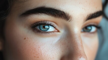 Fototapeta premium Natural Beauty with Minimal Eyeliner Enhancing Bright Blue Eyes and Soft Skin Tone