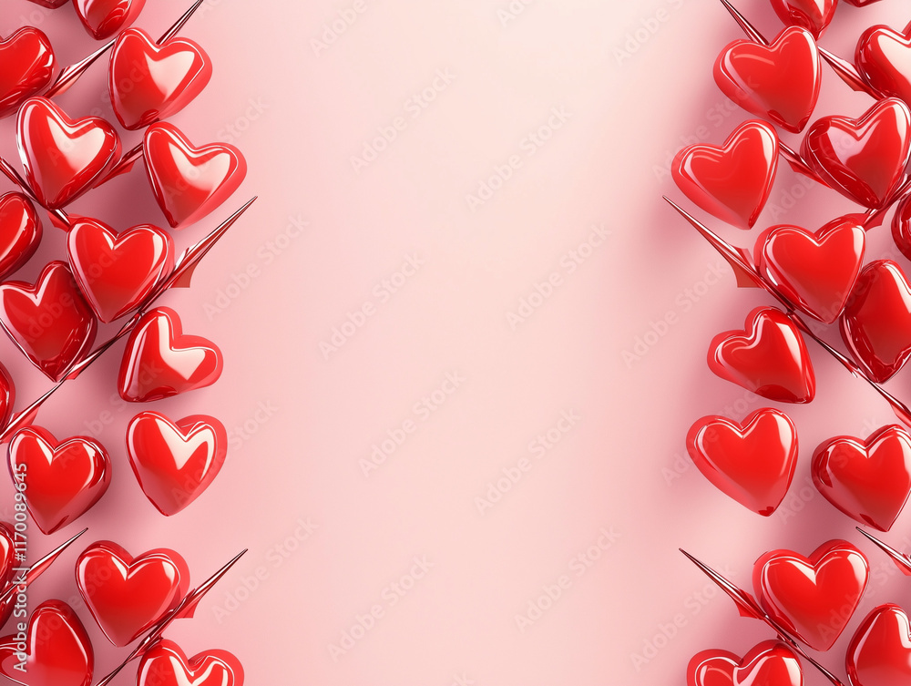 Poster rows of red hearts in varying sizes, connected by sleek, arrow-like lines, positioned on both sides 
