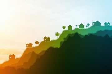 A serene landscape featuring stylized houses atop a hill, bathed in soft colors, evoking tranquility and harmony with nature.