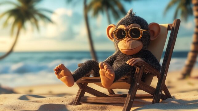 A cartoon monkey relaxing on a beach chair, wearing sunglasses by the ocean.