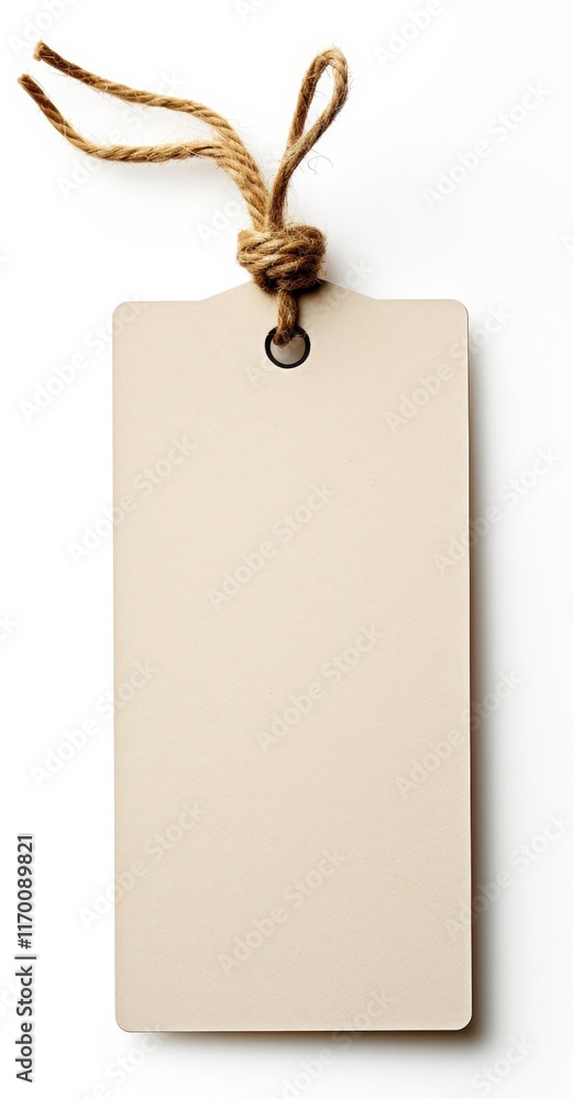 Poster blank price tag with twine string hanging isolated on a white background for branding or marking pur