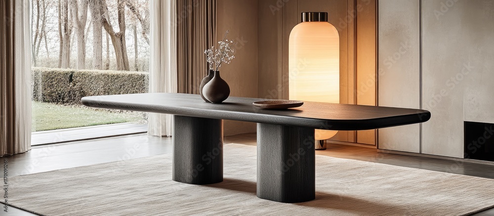 Wall mural minimalist muji style dining table with sleek lamp creating a serene and elegant atmosphere in moder