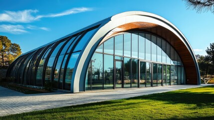 Obraz premium Innovative Modern Insulated Steel Structure with Curved Glass Facade and Scenic Landscape