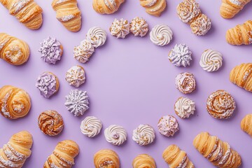 Sweet Treats Croissants and Meringues Arranged in a Circle