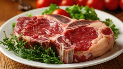 Obraz premium Fresh premium meat cut presented on a plate with vibrant salad greens and cherry tomatoes in a rustic kitchen setting