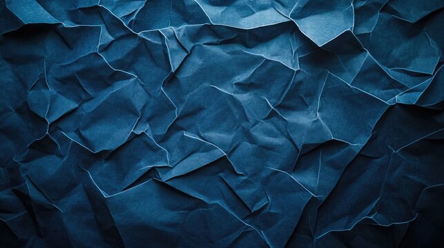 Textured dark blue abstract background with crumpled paper folds creating a minimalist and elegant design suitable for various applications.