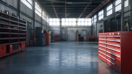 Industrial Warehouse Interior with Red Toolboxes and Organized Workspaces