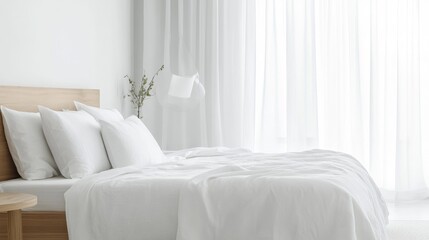 Obraz premium Minimalist Luxury Bedroom with Timber Accents and Soft White Textiles in a Serene Atmosphere