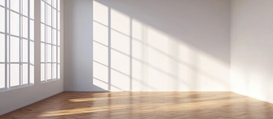 Fototapeta premium Empty modern apartment interior featuring bright white walls and elegant wooden parquet flooring with natural light shadows.