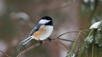 Naklejka premium Beautiful Chickadee on a Snowy Branch