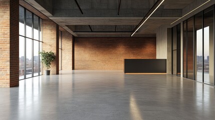 Fototapeta premium Spacious modern industrial interior featuring concrete flooring expansive windows and exposed brick walls for a contemporary aesthetic