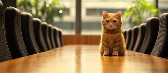 Cozy meeting room with a wooden table and a curious cat positioned in the center, perfect for inviting collaborative discussions.