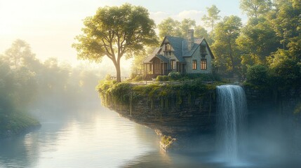 Obraz premium Dream house perched on a cliff overlooking a waterfall and river at sunrise.