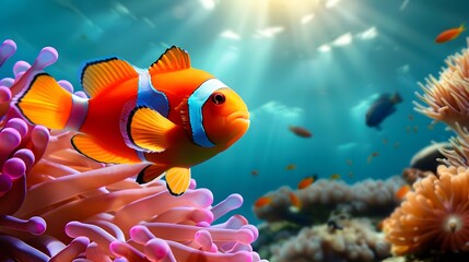 A captivating underwater scene showcases a clownfish in sharp focus, swimming gracefully amongst vibrant coral and other marine life.