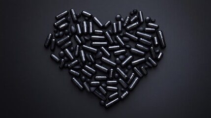 Black capsules arranged in a heart shape on a dark background symbolizing health and wellness in a medical flat lay composition