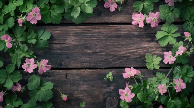 Pink geranium flowers surrounded by lush green leaves on a rustic wooden background ideal for wellness and nature-themed projects - Powered by Adobe
