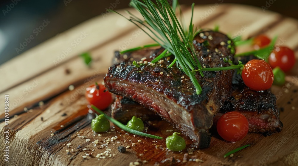 Wall mural Savory grilled beef ribs garnished with green chives and cherry tomatoes on a rustic wooden board ready to serve