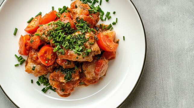 Savory meat dish topped with fresh chives and cherry tomatoes served on a white plate against a gray background