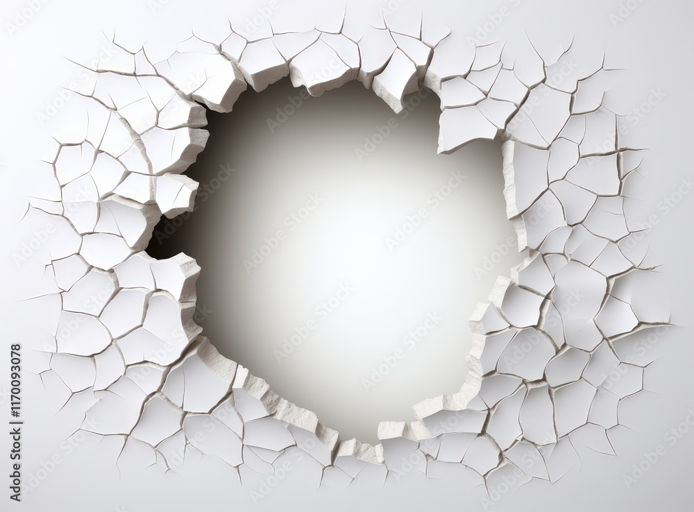 Poster detailed close-up of a torn and ragged hole in white wall surface with cracked edges, creating an in