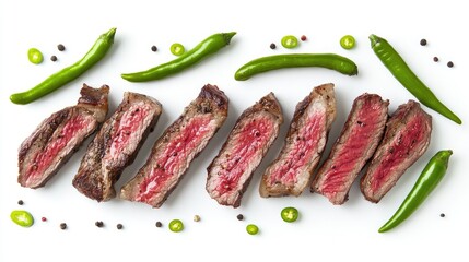 Sliced grilled steak served on green chili peppers with colorful spices on a white background for culinary and food photography projects