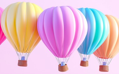 Colorful hot air balloons floating against a pink background.