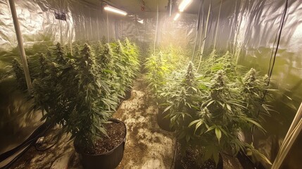 Obraz premium Medical Cannabis Plants Thriving in Controlled Indoor Growth Environment Ready for Harvesting
