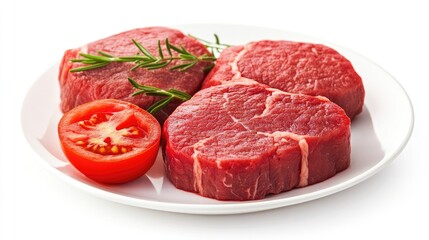Fototapeta premium Fresh raw beef steaks garnished with rosemary and served with a slice of ripe tomato on a white plate ready for cooking.