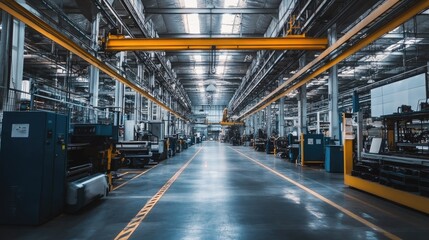 Modern industrial factory interior with sleek design showcasing spacious layout and advanced machinery under bright lighting