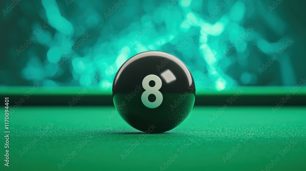 Poster eight ball on green pool table with dynamic background light