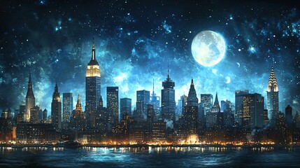 Obraz premium Night cityscape skyline with full moon and stars.