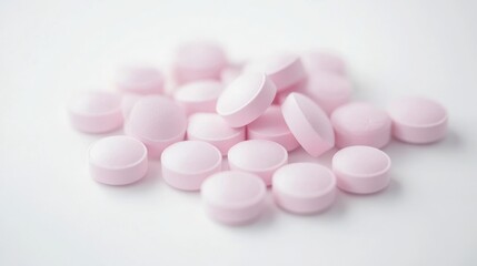 Pink round tablets scattered on a white background symbolizing medications and remedies for therapeutic purposes in healthcare and wellness.