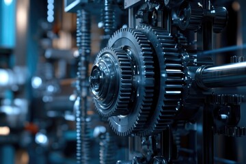 Large industrial gear on a machine. Manufacturing in a factory setting.