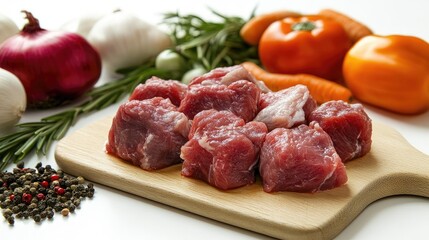 Fresh raw meat cubes on a wooden cutting board surrounded by colorful vegetables and spices for a healthy cooking concept