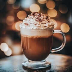 A delicious iced coffee drink topped with whipped cream and chocolate shavings, served in a clear glass mug.