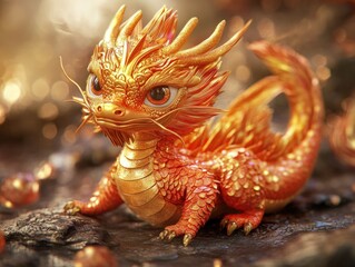 Obraz premium Small gold dragon with a fierce expression sits on a rocky surface. The dragon's eyes are wide open, and it is staring at something in the distance. The scene is dark and moody