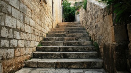Obraz premium Stone Steps Leading Upward in a Quiet Alley Surrounded by Natural Greenery and Rustic Walls