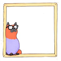 Charmingly Illustrated Cat in Wooden Frame, Wearing Glasses: Whimsical Hand-Drawn Artwork. AI Generated