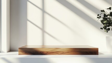 Elegant Minimalist Wooden Display Podium with Soft Shadows on a Light Background