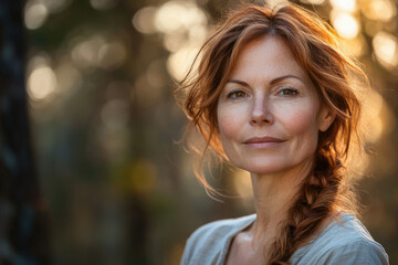 Naklejka premium A middle-aged woman with auburn hair braided, looking directly at the camera, outdoors in a natural setting.