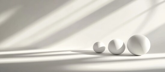 Minimalist white background with soft shadows featuring spherical elements perfect for elegant product presentation and design mockups
